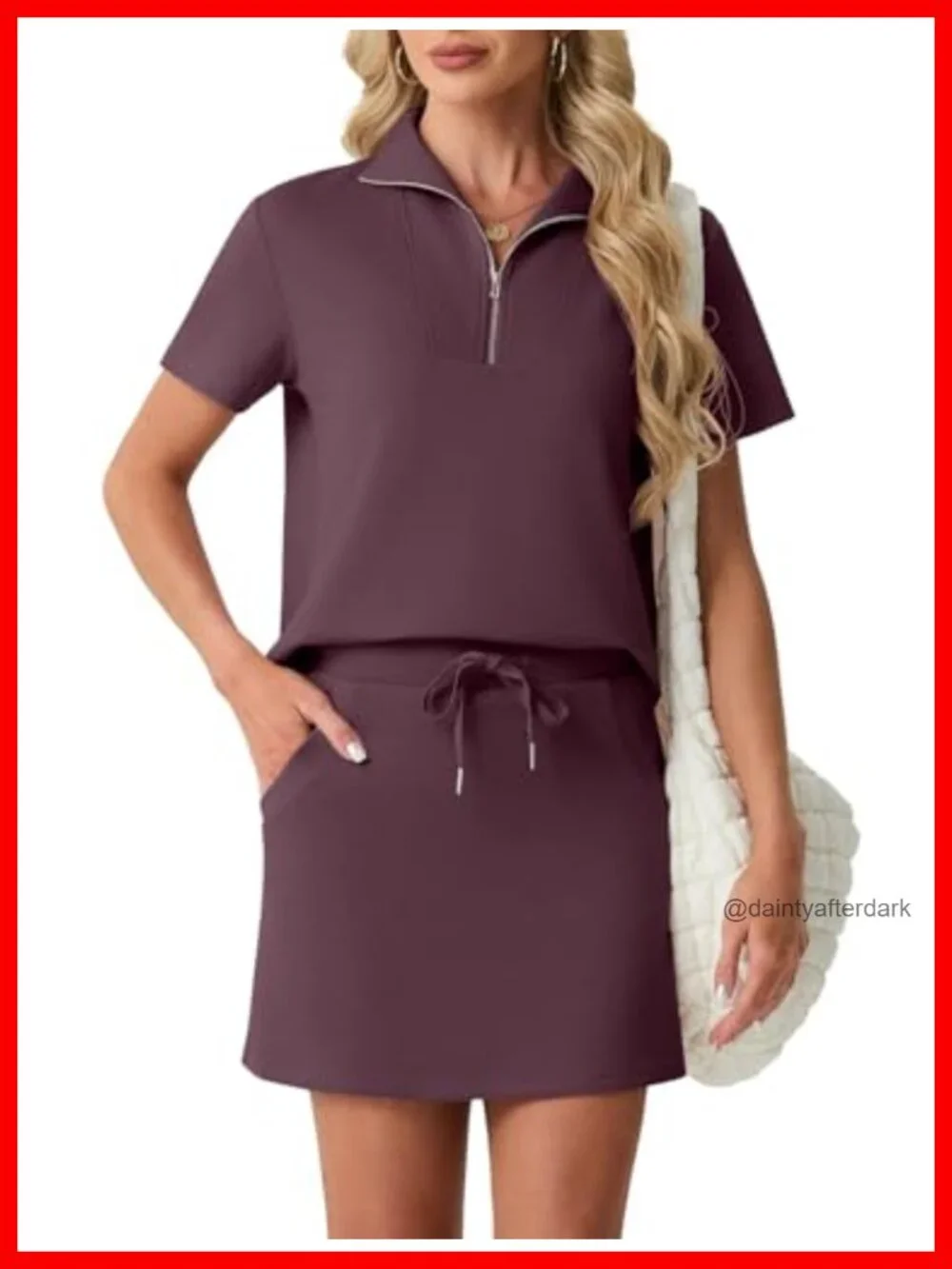 Women's 2 Piece Skort Set Half Zip Short Sleeve Top & Pocketed Tennis Skirt